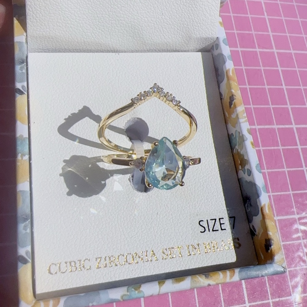 Audrey J gold tone ring set 2pc water blue diamond & white diamonds paved size 7